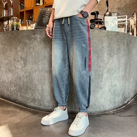 美式复古水洗宽松牛仔裤宽松春秋季小脚哈伦裤九分拼色痞帅休闲裤商品大图