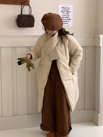 冬季新款围巾领羽绒服女小众慵懒宽松中长款白鸭绒加厚外套面包服图片