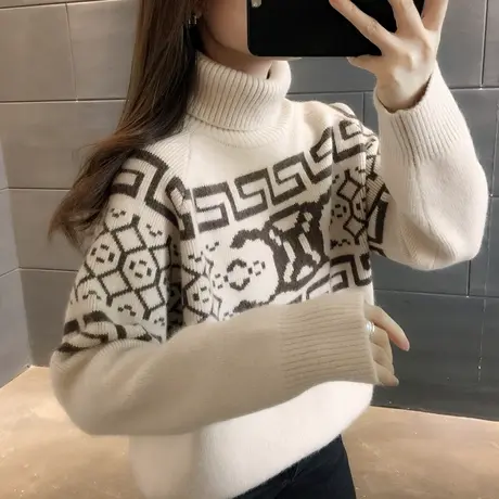 高领毛衣女2023秋冬新款复古撞色套头宽松针织衫打底加厚内搭上衣商品大图