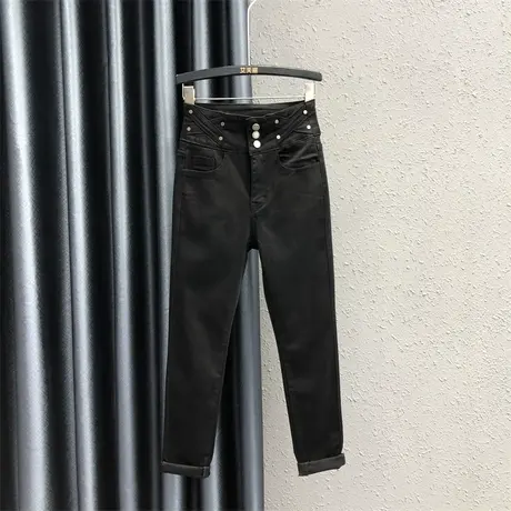 三粒扣铅笔裤女2024春季新款黑色高腰修身弹力时尚百搭牛仔长裤潮图片