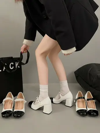 2024复古玛丽珍鞋女法式方头高跟鞋仙女风小皮鞋珍珠漆皮粗跟单鞋商品大图