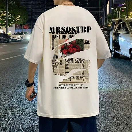 短袖t恤男夏季2024新款情侣玫瑰印花宽松半袖ins潮牌美式纯棉体恤商品大图