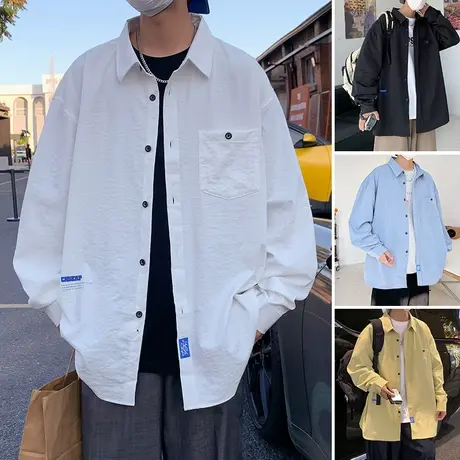 长袖衬衫男港风日系秋季上衣宽松外穿衬衣潮ins百搭痞帅字母外套图片