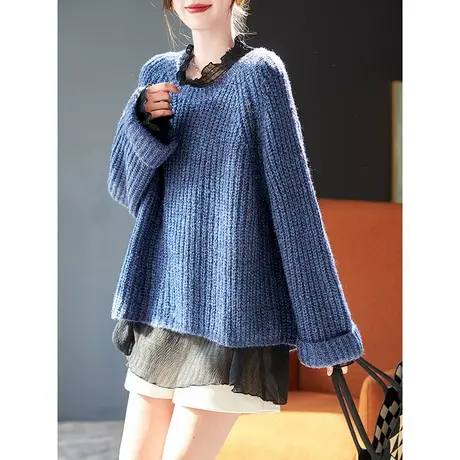 宝诗黎圆领亮丝慵懒宽松毛衣2024春季新款简约纯色百搭针织上衣女商品大图