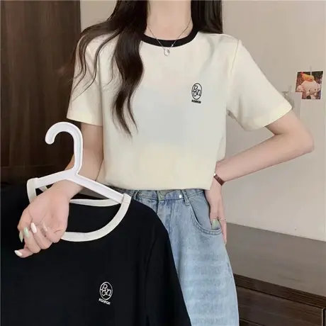 拼接撞色半袖T恤女夏季修身显瘦2024新款短袖上衣内搭打底衫潮ins图片