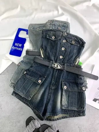 欧洲站排扣牛仔抹胸连体短裤2024春季新款显瘦百搭大口袋阔腿短裤商品大图