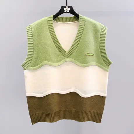 日系撞色拼接V领针织马甲女秋冬2023新款宽松学院风坎肩毛衣背心商品大图