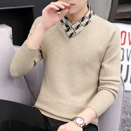 秋季新款个性V领毛衣男士针织衫韩版修身潮流青年套头线衣休闲ins商品大图