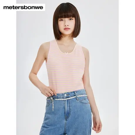 国货美特斯邦威背心女2023夏季新款美式条纹内搭粉色V领无袖上衣商品大图