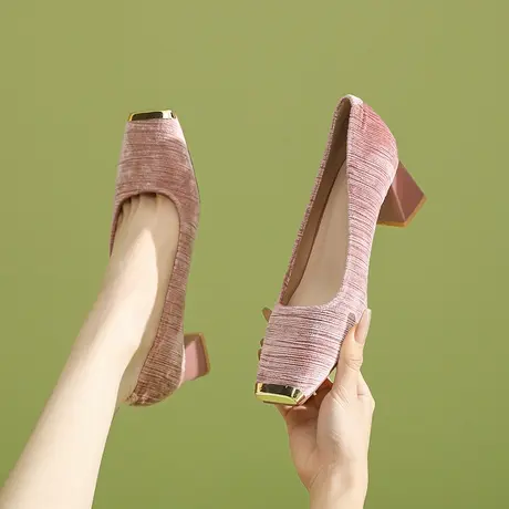 高跟鞋女2024年春季百搭新款中跟气质通勤女鞋方头粗跟单鞋不累脚图片