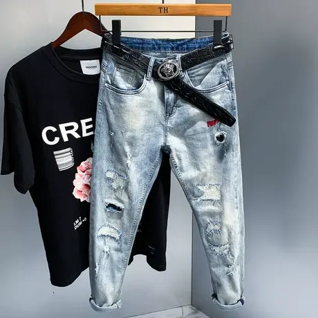 牛仔裤男2021夏季潮牌弹力修身韩版潮流九分裤破洞休闲乞丐小脚裤商品大图