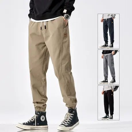 春秋款男装卡其色纯棉束脚九分休闲裤子秋季潮牌美式工装2023新款商品大图