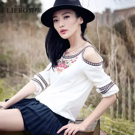 裂帛原创民族风刺绣设计感露肩长袖T恤女2024夏季气质复古上衣潮图片