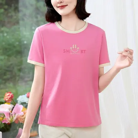 女士夏装纯棉短袖t恤2024年新款简约时尚大码女装年轻妈妈体恤衫商品大图