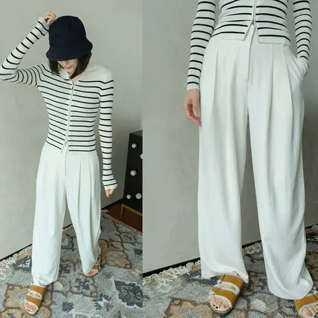 2024春夏新款高腰纯色肌理休闲阔腿长裤柔软舒适亲肤直筒裤长裤女商品大图