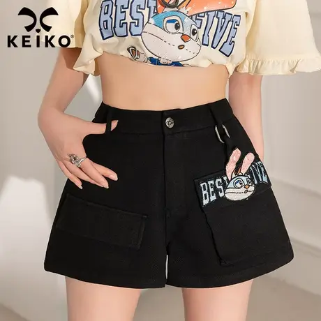 KEIKO 酷感黑色高腰牛仔裤夏季美式复古辣妹兔子绣花显瘦短裤子图片