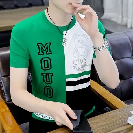 男款夏季薄款针织t恤潮流帅气烫钻个性上衣秋装冰丝凉感短袖体恤商品大图