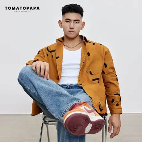 TOMATOPAPA秋冬衬衫长袖翻领纽扣开衫趣味印花外套棉青春时尚上衣商品大图