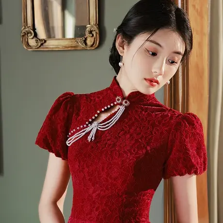 高端旗袍敬酒服新娘2023新款夏季红色蕾丝结婚礼服小个子订婚中式图片