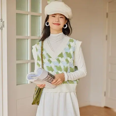 时尚气质针织马甲2023年秋新款淑女温柔宽松显瘦V领通勤坎肩上衣商品大图
