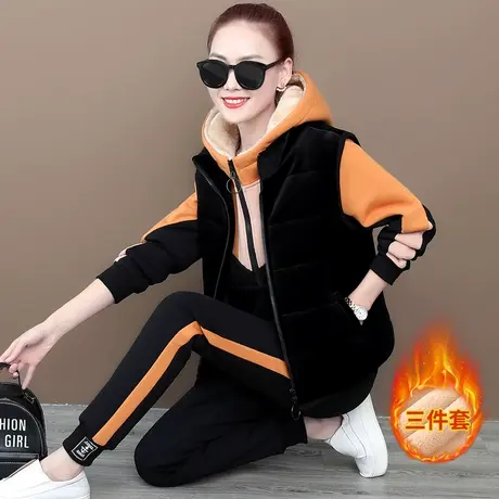 加厚加绒运动套装女秋冬2022新款时尚洋气羊羔绒卫衣休闲服三件套商品大图
