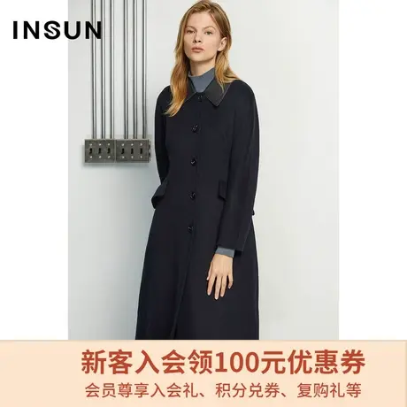 恩裳商场同款春季时尚经典藏蓝色沉稳大方气质款绵羊毛大衣女图片