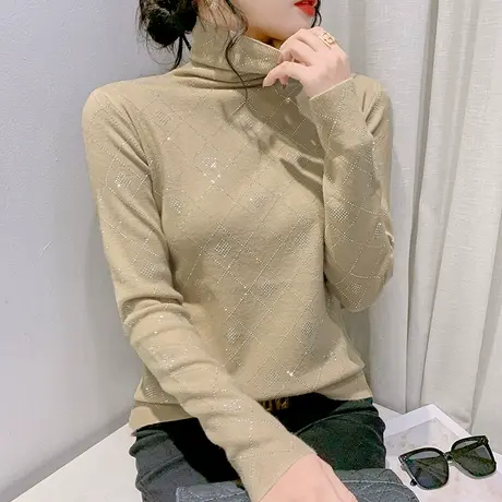 高领内搭毛衣女秋冬2023新款欧货重工烫钻针织衫修身气质打底衫女图片