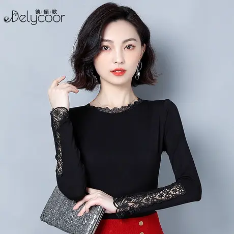 2021莫代尔打底衫女秋冬圆领百搭性感蕾丝领洋气修身薄款长袖上衣商品大图