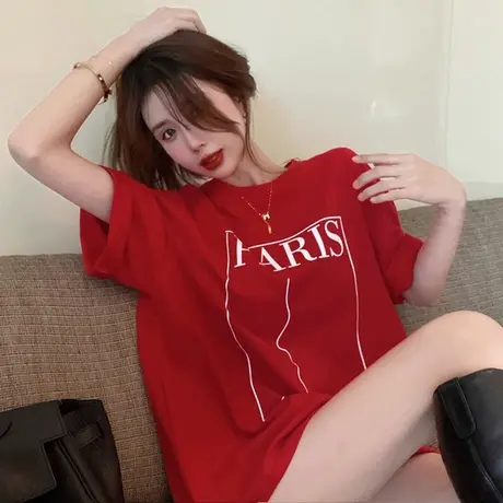 爆款韩版红色圆领短袖T恤女2023夏季新款设计感中长款上衣绝美潮商品大图
