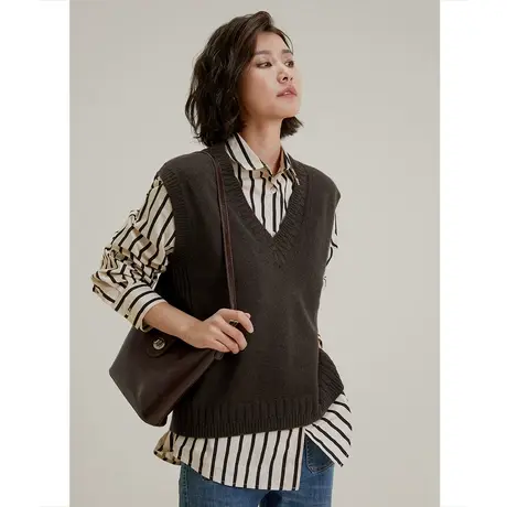 弥古咖色针织马甲女春秋v领毛衣背心外搭叠穿无袖坎肩上衣高级感商品大图