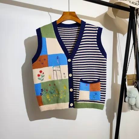 学院风针织马甲开衫女秋冬新款韩系卡通刺绣拼色无袖毛衣背心马夹商品大图