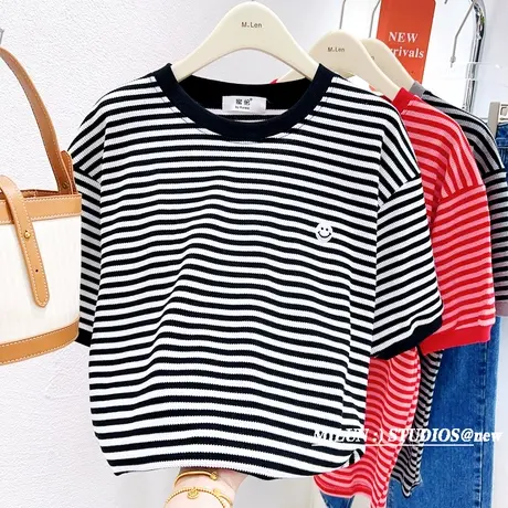 chic简约百搭高级感条纹短袖2023春夏新款华夫格上衣打底衫欧货女图片