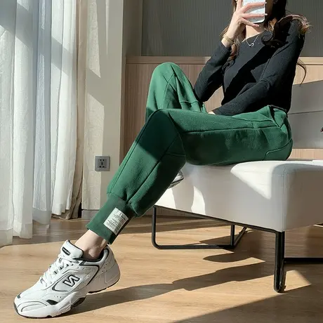 绿色运动裤女秋冬加绒2023年新款高腰宽松显瘦九分休闲束脚哈伦裤图片