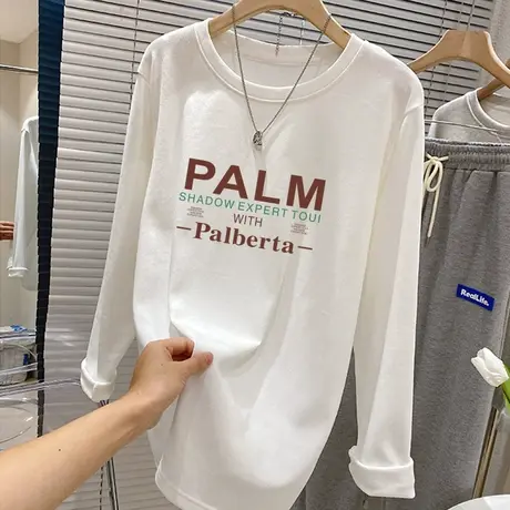 圆领T恤女中长款韩版宽松上衣2022年秋冬磨毛加厚内搭长袖打底衫图片