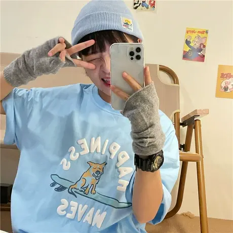 红续韩版学院风ins休闲卡通小狗发泡字母纯棉宽松小个子短袖T恤女图片