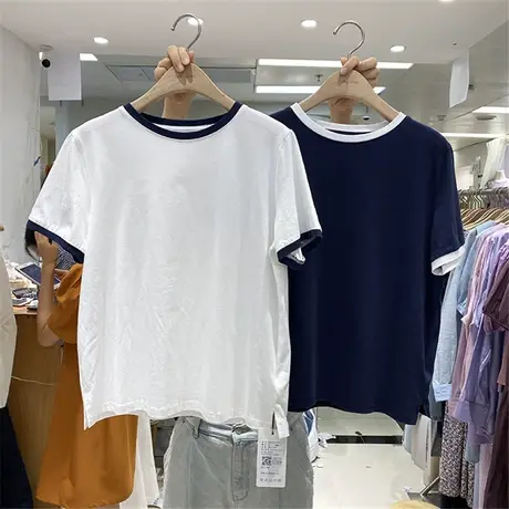 短袖t恤女夏季2020新款韩版ins潮原宿bf风宽松百搭撞色简约上衣服商品大图