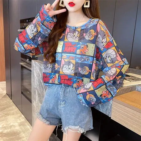 小众ins网纱印花长袖防晒上衣女2023新款夏季薄款卡通套头罩衫T恤图片