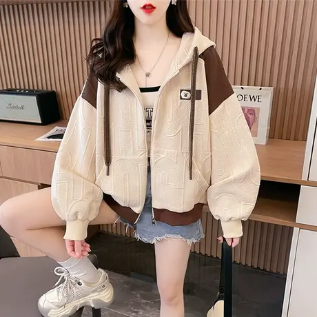 连帽卫衣女秋冬季韩版宽松加绒加厚撞色百搭小个子高级感开衫外套商品大图