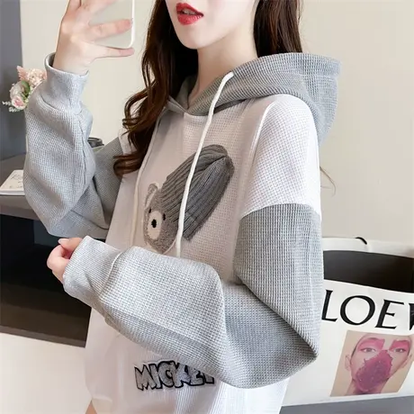 早秋设计感小众连帽卫衣女春秋季韩版宽松大码薄款撞色华夫格外套图片