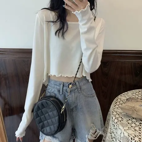 白色t恤女长袖2023年新款春秋内搭打底衫短款高腰设计感小众上衣商品大图