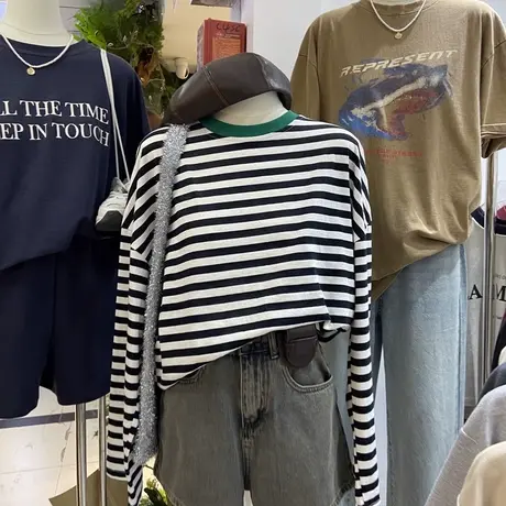 韩系港风chic条纹长袖T恤女2023秋季新款宽松显瘦体恤上衣打底衫商品大图