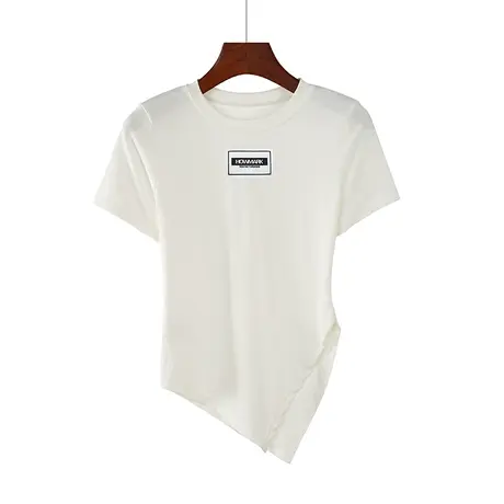 夏季新款圆领短款不规则修身纯色纯棉短袖体恤上衣内搭打底女装商品大图