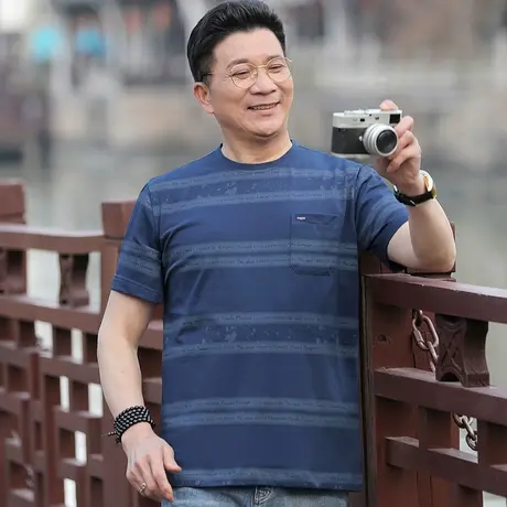 爸爸短袖t恤冰丝光棉夏季中年男士体恤衫圆领老人爷爷半袖上衣服商品大图