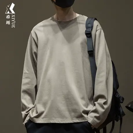希越300g重磅精梳棉长袖体恤男士纯色t恤卫衣秋季宽松大码基础款商品大图
