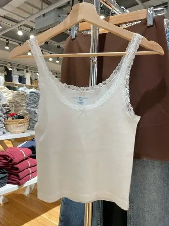 2024夏季新款纯欲风纯棉白色蝴蝶结蕾丝边背心吊带女内搭短款上衣图片