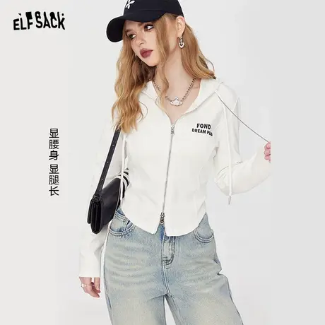 妖精的口袋字母印花白色修身长袖t恤女2024早春新款连帽内搭上衣图片