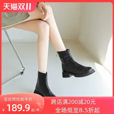 卓诗尼2023秋冬新款短筒靴时尚显瘦后拉链女靴潮流百搭粗跟时装靴图片
