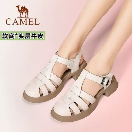 骆驼女鞋官方旗舰店正品夏季粗跟中跟包头洞洞真皮凉鞋镂空沙滩鞋图片