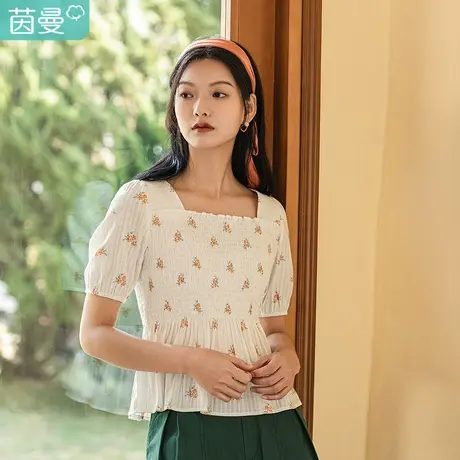茵曼2023夏装新款打揽褶皱设计后系绳松紧袖口荷叶边衣摆衬衣清新图片