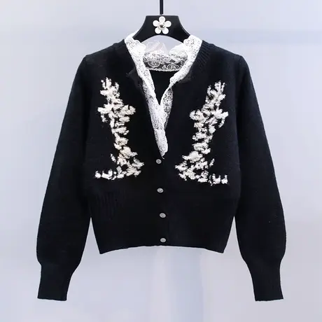 小香风复古V领拼接蕾丝刺绣针织开衫女秋冬2023新款黑色毛衣外套图片